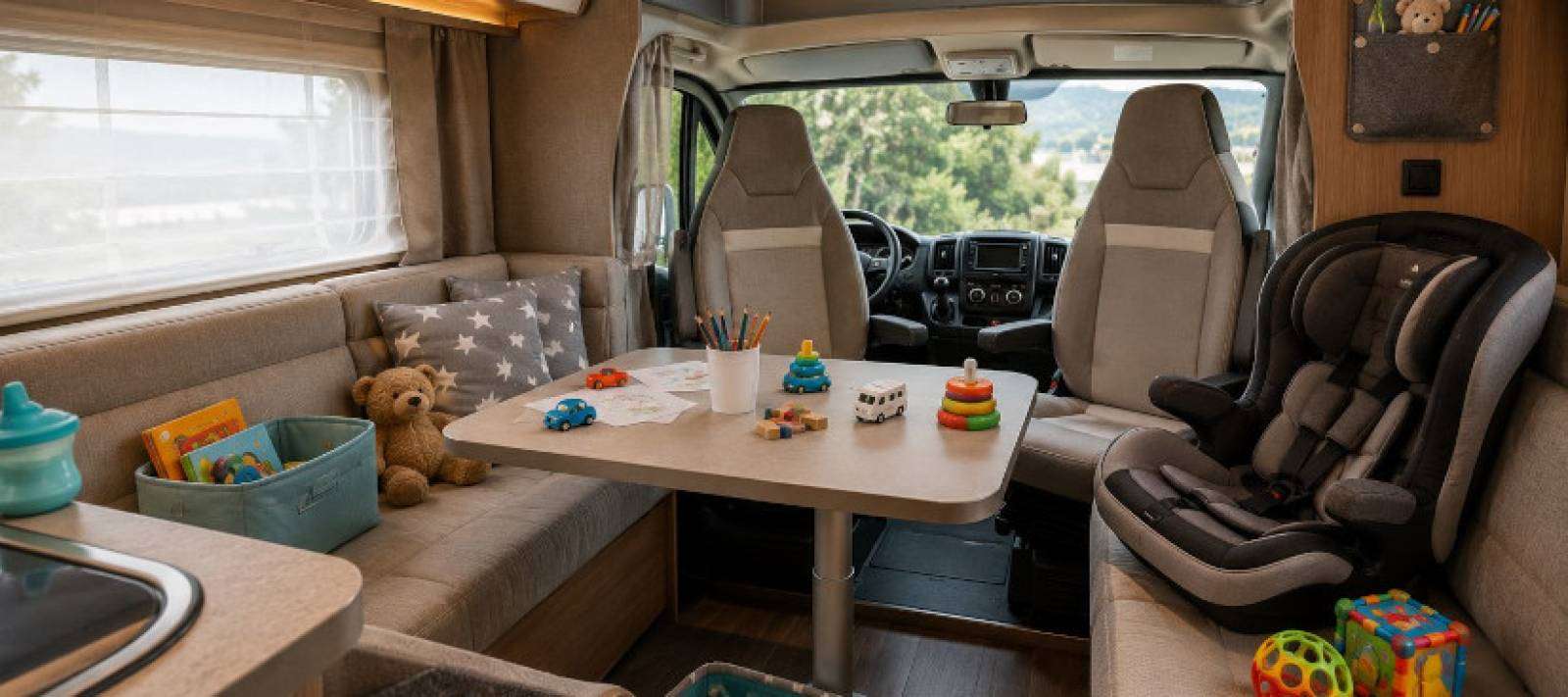 camper interno con giocattoli bambini